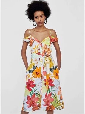 Zara 100% linen White Orange Yellow Floral Tie Waist Draped Sleeve Dress Large